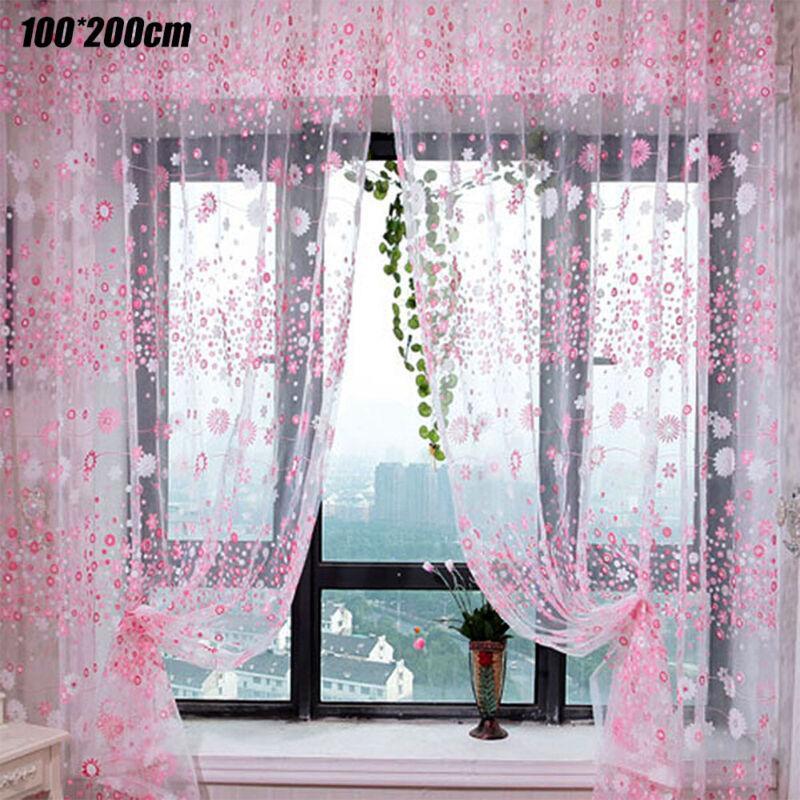 Vicanber Window Curtains Floral Sheer Voile Panel Net Mesh Yarn Tulle Drape Door Decors (Pink,100*200cm)