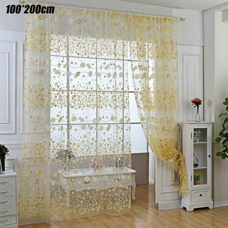 Vicanber Window Curtains Floral Sheer Voile Panel Net Mesh Yarn Tulle Drape Door Decors (Yellow,100*270cm)