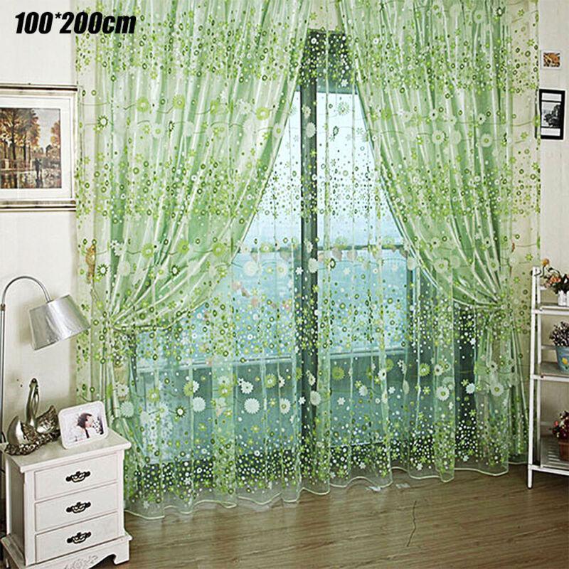 Vicanber Window Curtains Floral Sheer Voile Panel Net Mesh Yarn Tulle Drape Door Decors (Green,100*200cm)