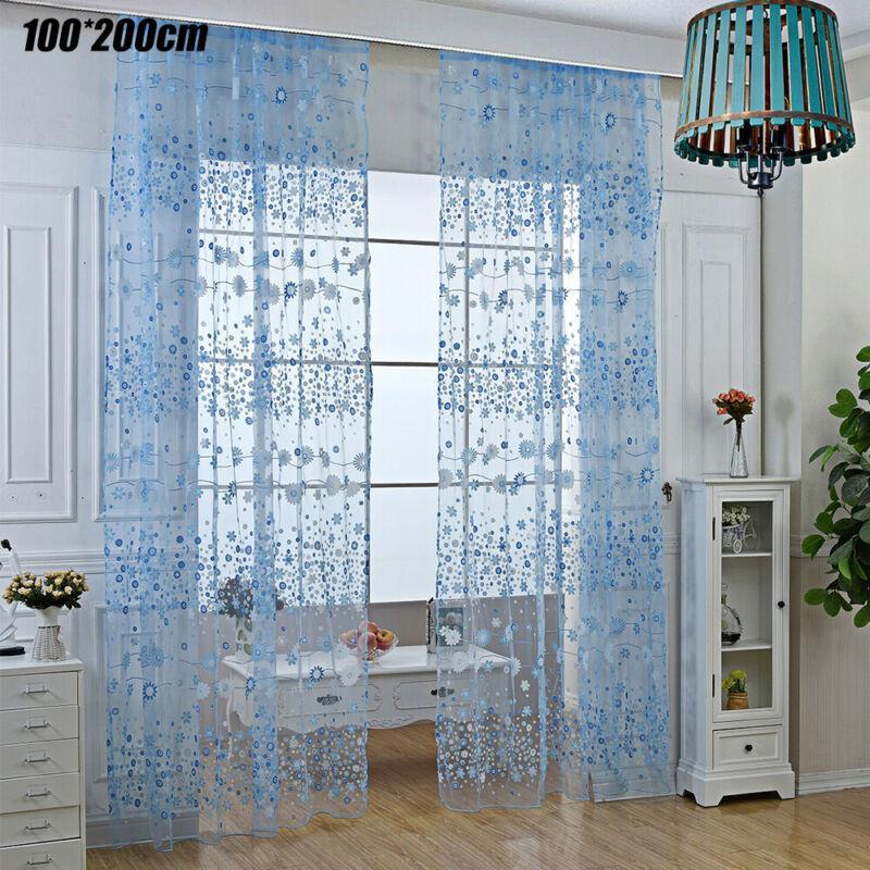 Vicanber Window Curtains Floral Sheer Voile Panel Net Mesh Yarn Tulle Drape Door Decors (Blue,100*200cm))