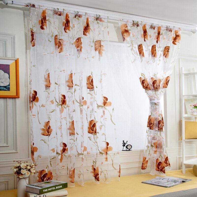 Vicanber Single Floral Sheer Voile Curtain Panel Drape Door Window Valances Tulle Scarf (Coffee)