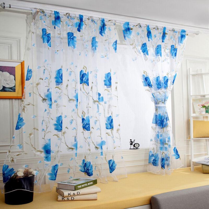 Vicanber Single Floral Sheer Voile Curtain Panel Drape Door Window Valances Tulle Scarf (Blue)