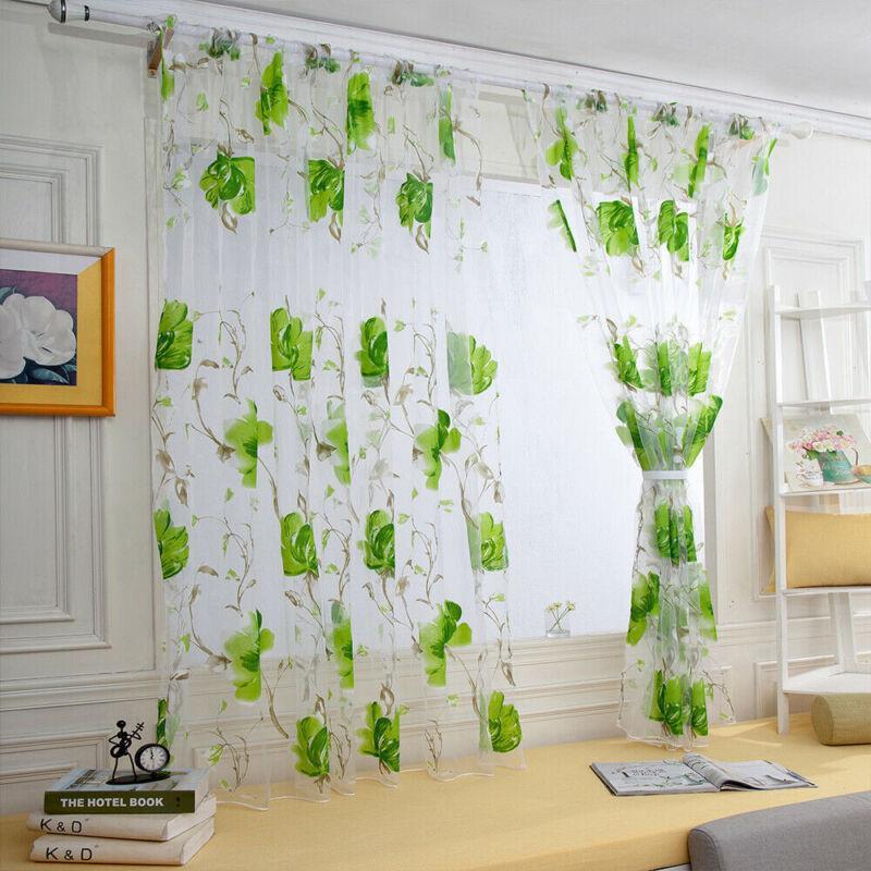Vicanber Single Floral Sheer Voile Curtain Panel Drape Door Window Valances Tulle Scarf (Green)