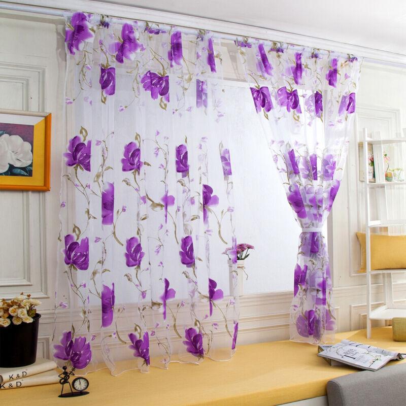 Vicanber Single Floral Sheer Voile Curtain Panel Drape Door Window Valances Tulle Scarf (Purple)