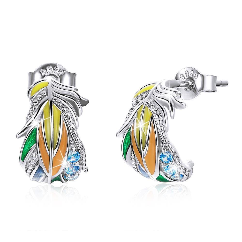 Solid 925 Sterling Silver Colourful Style Feather Stud Earrings