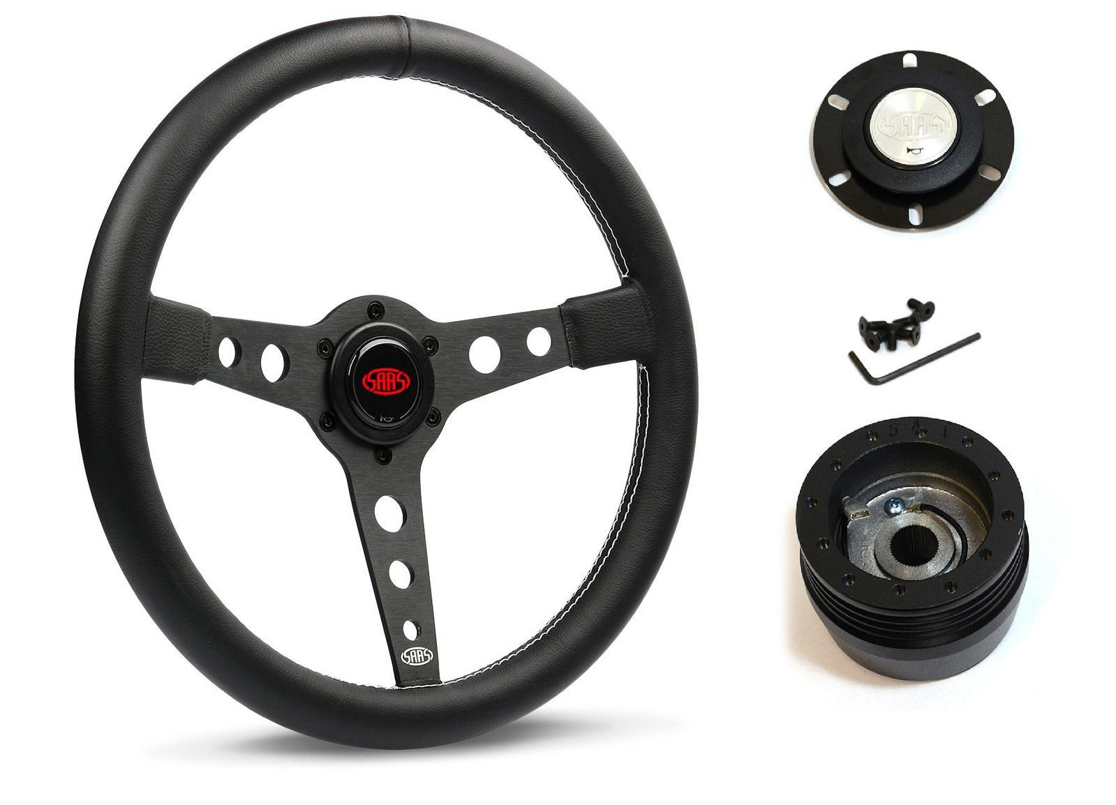 SAAS Steering Wheel Leatherette 14" ADR Retro Black Spoke White Stitching SW616OS-WS and SAAS boss kit for Holden HK HT HG 1968-1971