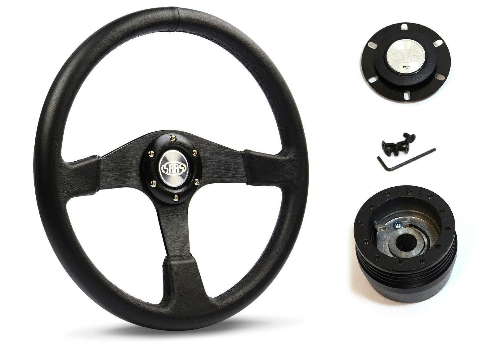 SAAS Steering Wheel Leather 15 " ADR Octane Black Spoke SW515BL-R and SAAS boss kit for Mitsubishi L300 Express 1983-1986