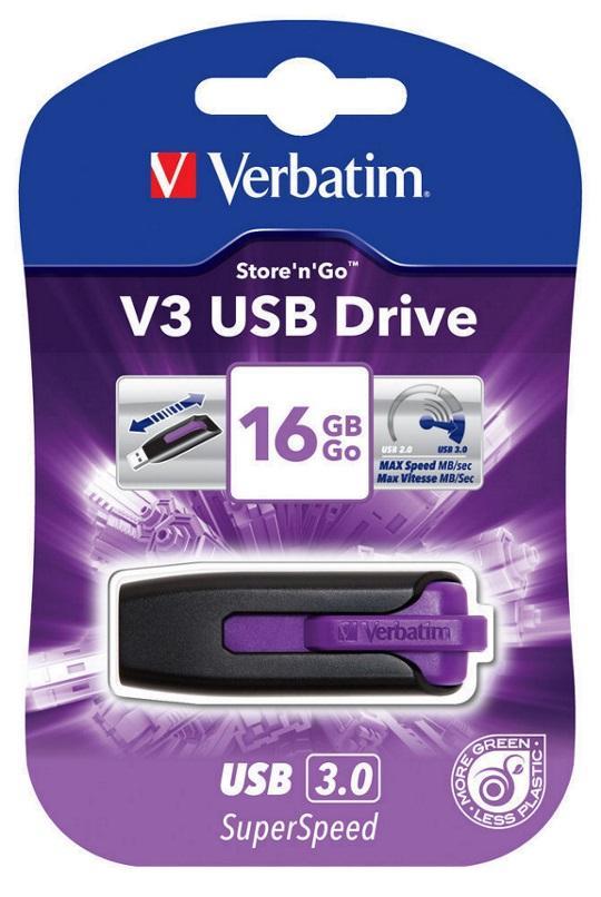 Verbatim 16GB V3 USB3.0 Violet Store'n'Go V3; Rectractable USB Storage Drive Memory Stick 49180