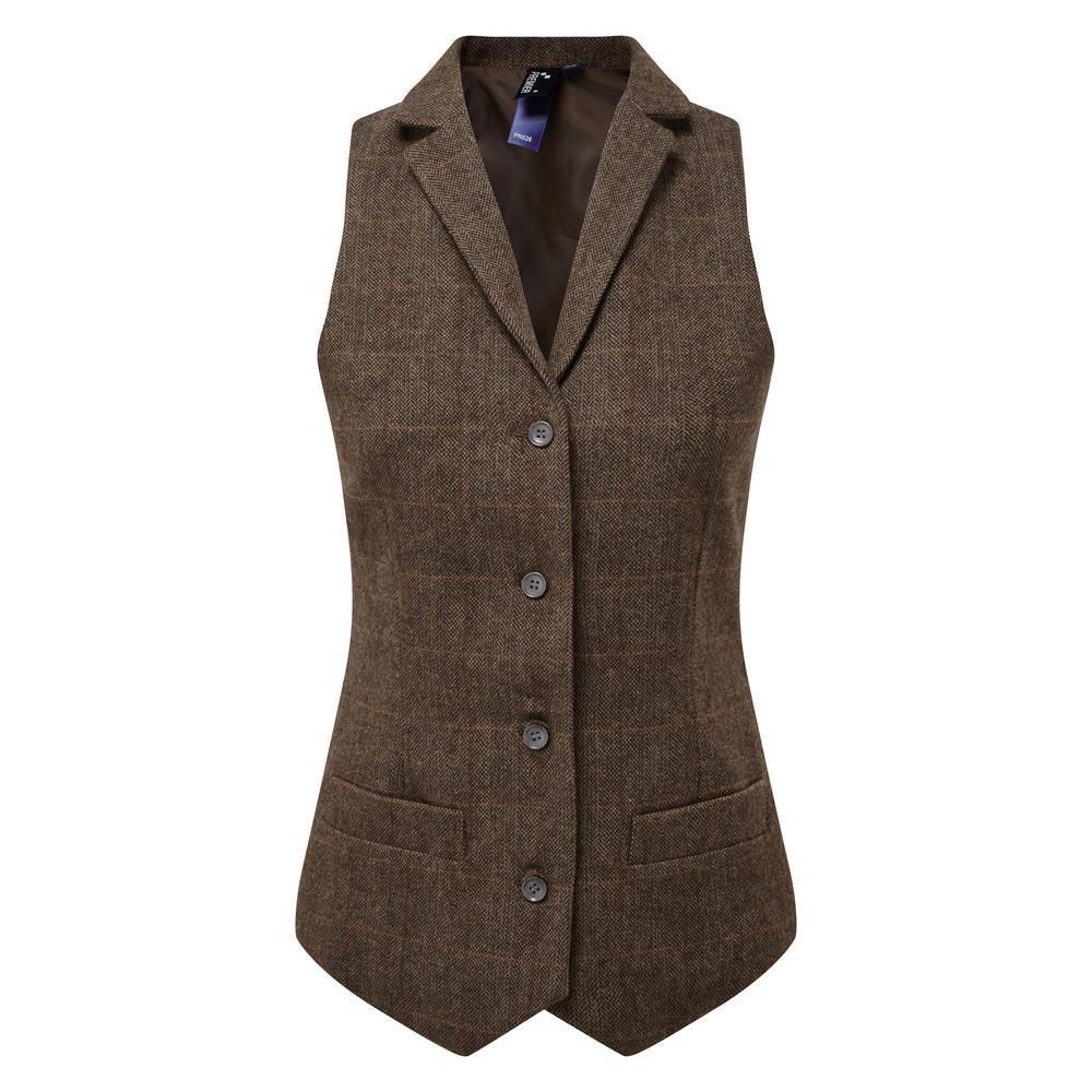 Premier Womens/Ladies Herringbone Waistcoat (Brown Check) (XS)