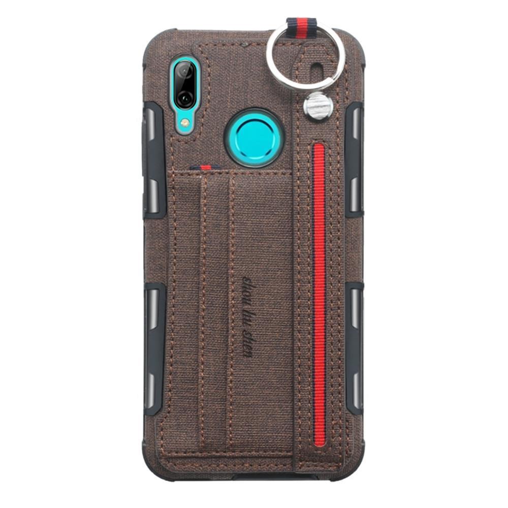 For Huawei P Smart (2019) Cloth Texture + TPU Shockproof Protective Case with Metal Ring & Holder & Card Slots & Hanging Strap(Coffee)