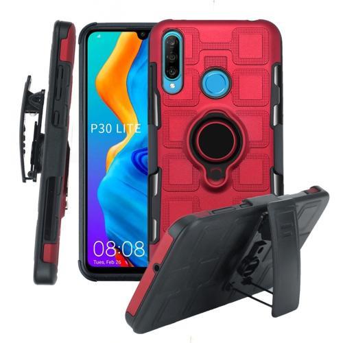 For Huawei P30 Lite 3 In 1 Cube PC + TPU Protective Case with 360 Degrees Rotate Black Ring Holder(Red)