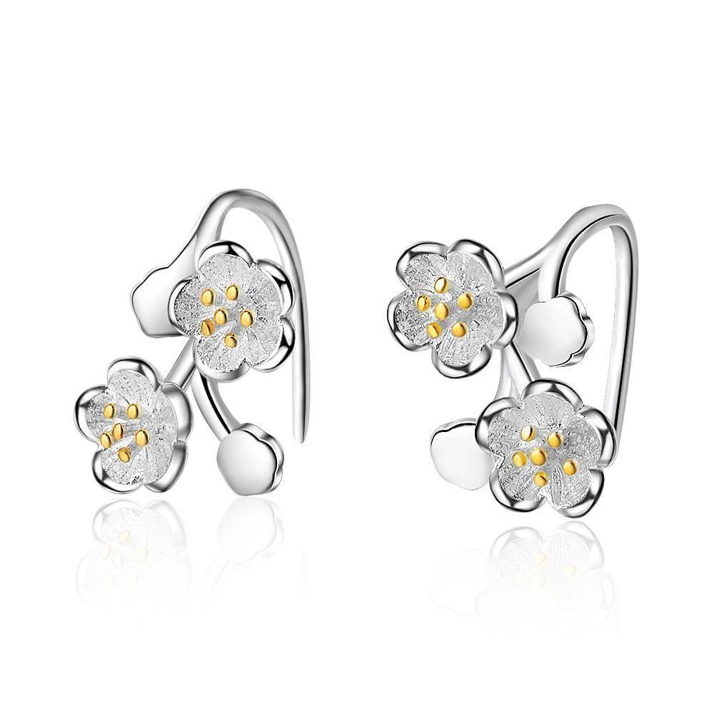 Double Silver Dahlia Flowers Dangle Earrings