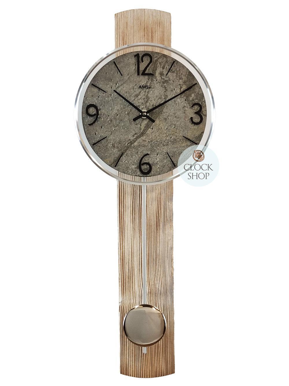 60cm Oak Pendulum Wall Clock With Grey Stone Dial By AMS