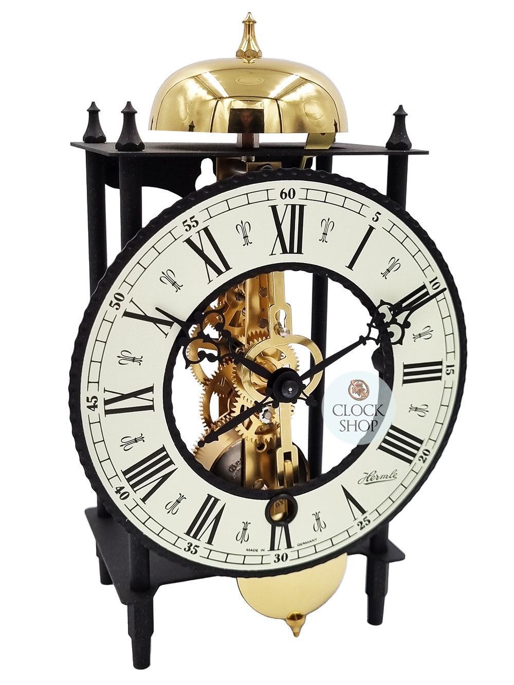 24cm Black & Brass Mechanical Skeleton Table Clock With Bell Strike By HERMLE