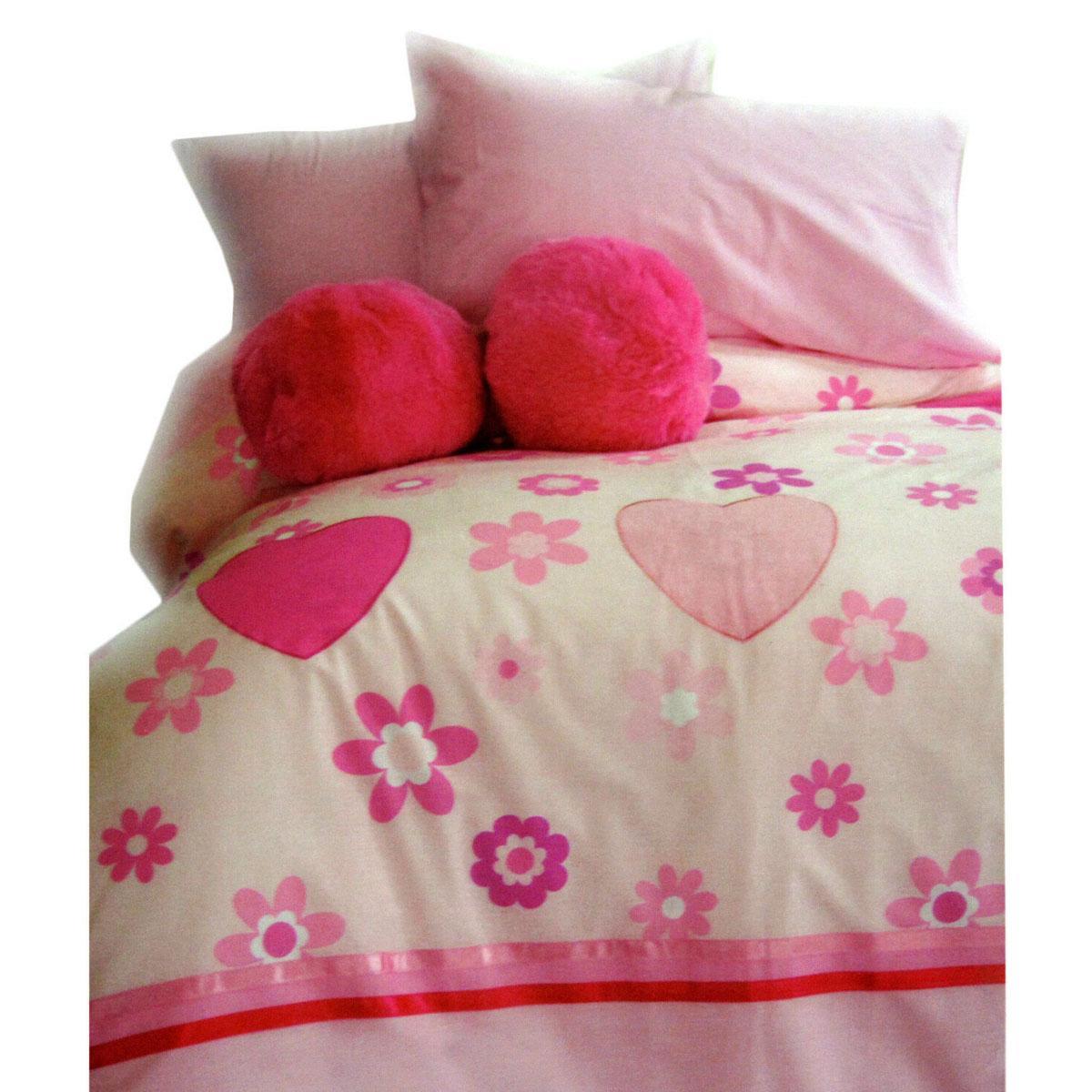 Happy Kids Hearts Pink Ribbons Quilt Cover Set Single