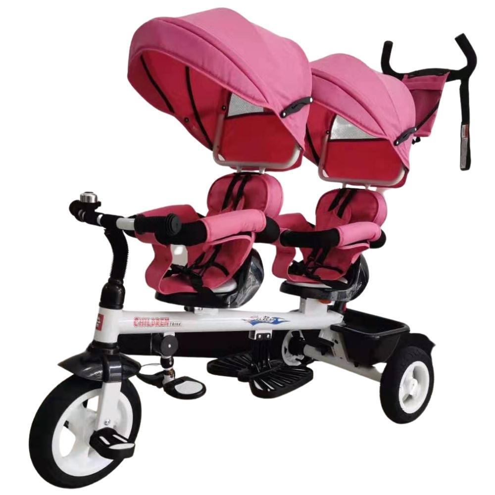 Kids Tandem Tricycle Double Seats Ride-On Trike With Parent Handle - Pink