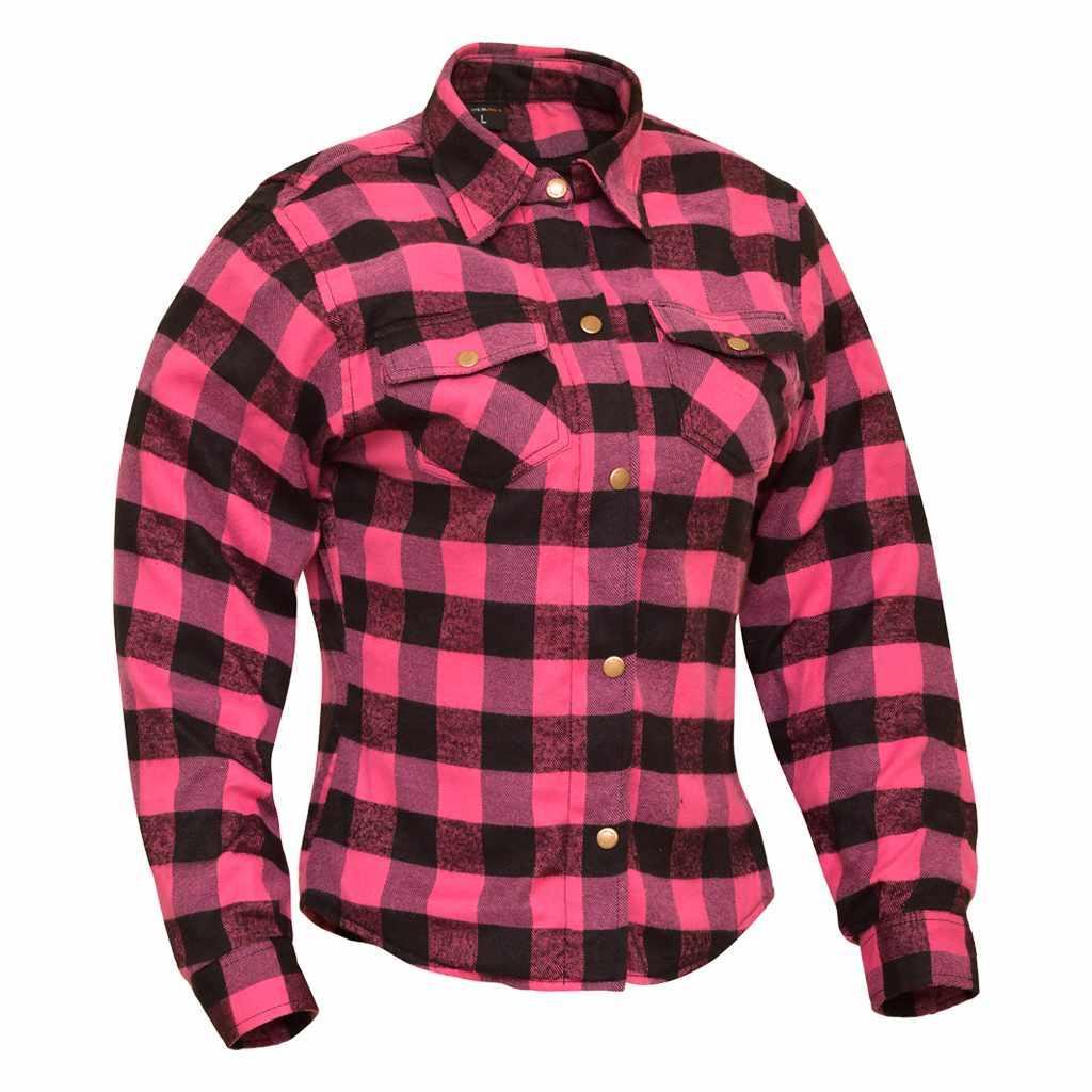 RIDERACT Women Motorcycle Shirt Pink Aramid Reinforced Flannel Shirt Ladies Motorbike Jacket with Armors - L