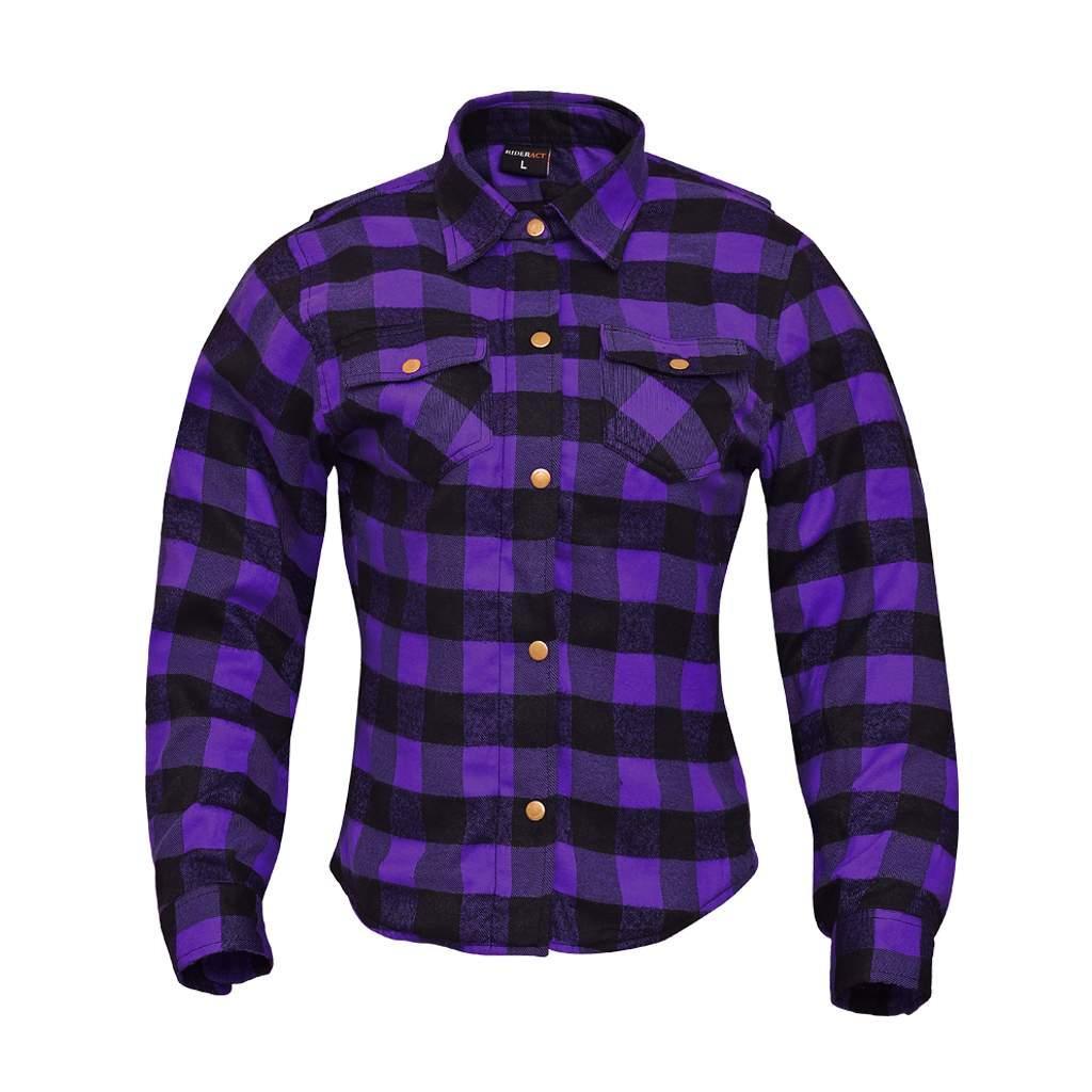 RIDERACT Women Motorcycle Shirt Purple Reinforced Flannel Shirt with Aramid Fiber Ladies Motorbike Jacket - L