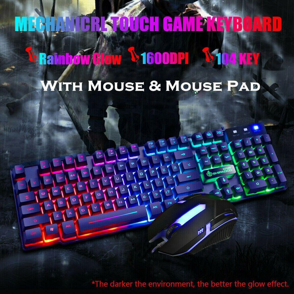 Rainbow Backlight Usb Ergonomic Gaming Keyboard Mouse Pad Set for PC Laptop