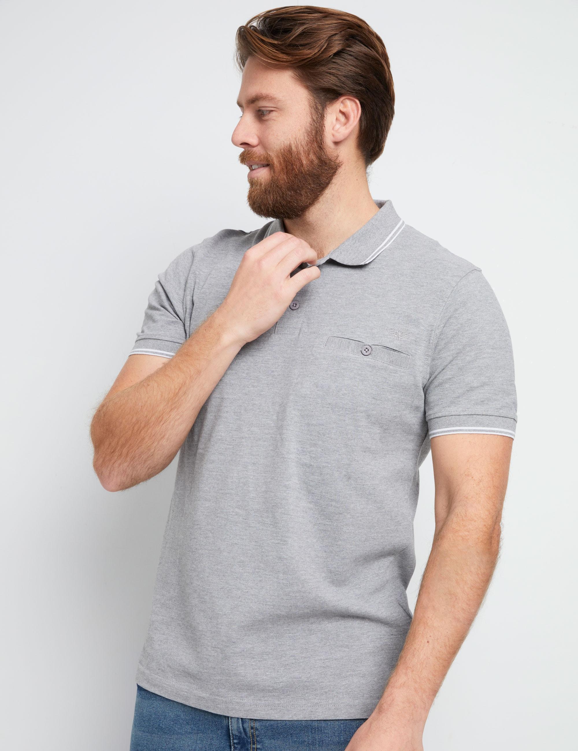 RIVERS - Mens All Season Tops - Grey Polo Shirt / Tshirt - Cotton - Smart Casual - Marle - Fitted - Short Sleeve - Regular - Office Fashion Work Wear