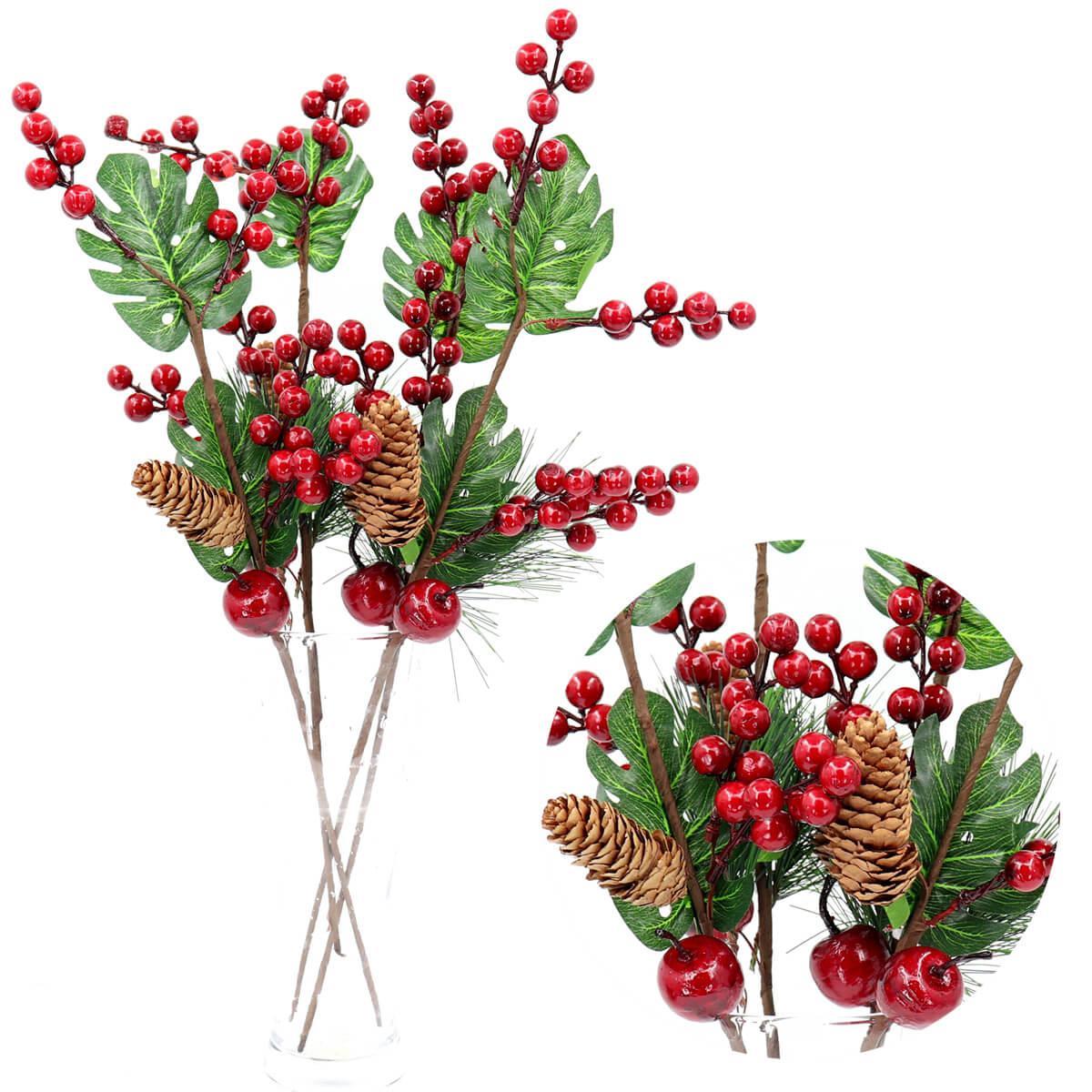 4x 50cm Christmas Artificial Flowers Berry Dewy Apple Pine Cones Leaves Branch