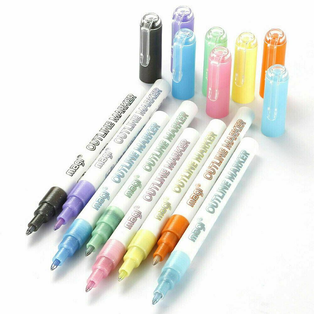 8 Colours Writing Drawing Double Line Outline Pen Highlighter Markers WHITE