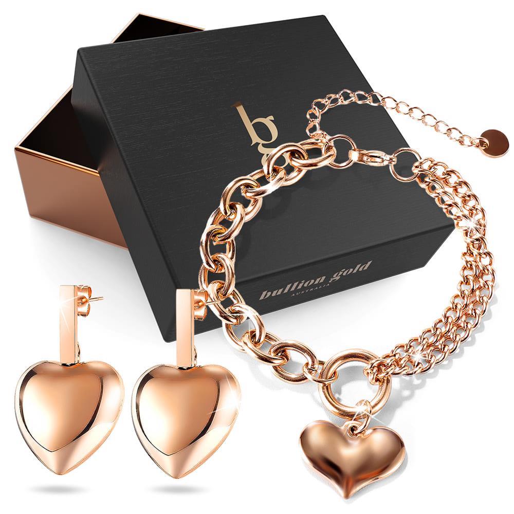 Boxed Lovely Heart Charm Dual Link Bracelet and Stud Earrings Set in Rose Gold