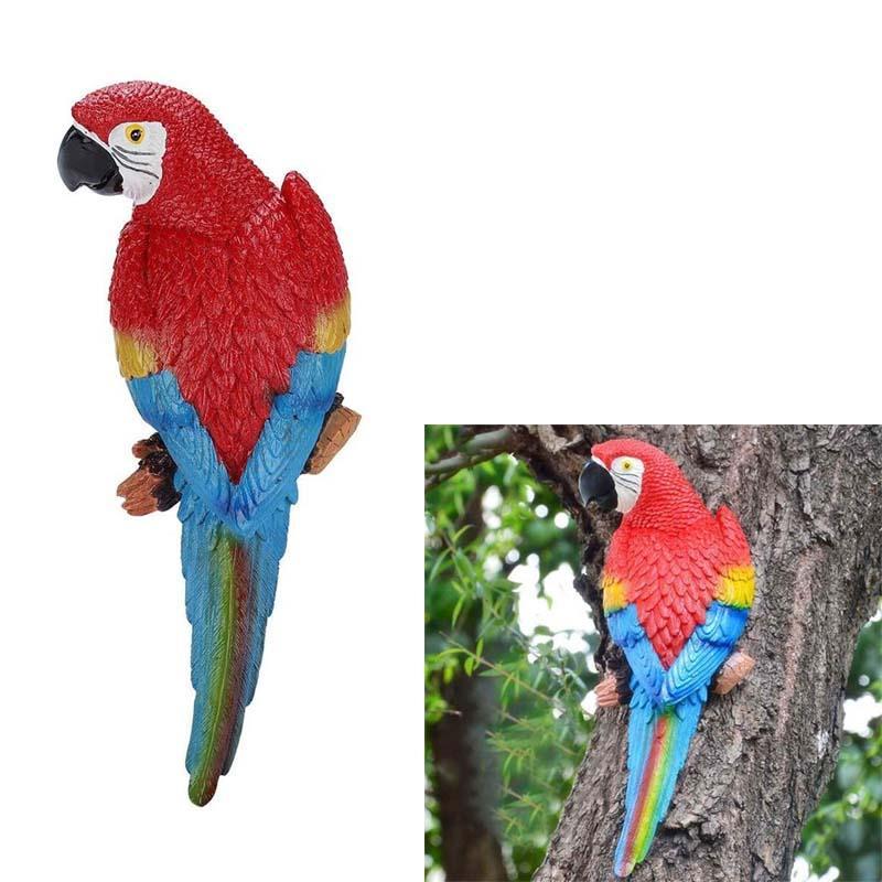 Parrot Statue Resin Bird Figurine for Patio Lawn Yard Wall Mounted Garden Decoration -Red