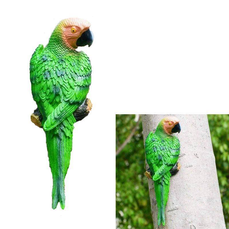 Parrot Statue Resin Bird Figurine for Patio Lawn Yard Wall Mounted Garden Decoration -Green