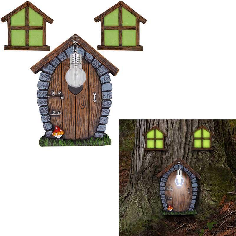 Gnome Home Miniature Window and Door with Litter lamp for Trees Decoration Glow in Dark Fairies Sleeping Door and Windows