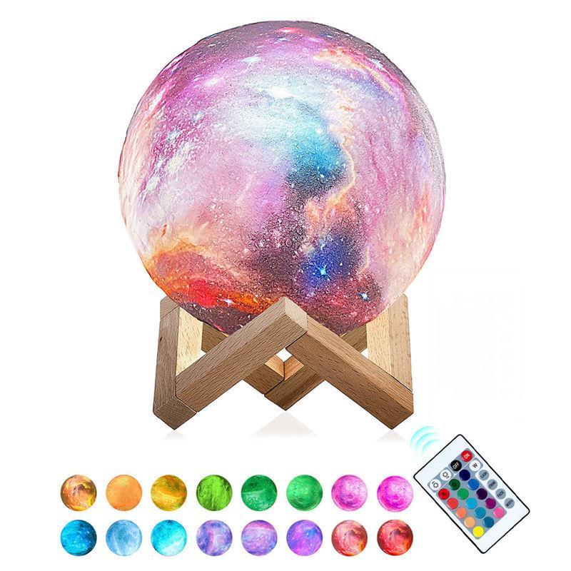 Kids Night Light Rechargable Galaxy Lamp 16 Colors LED 3D Star Moon Light with Wood Stand and Remote Control, 8cm