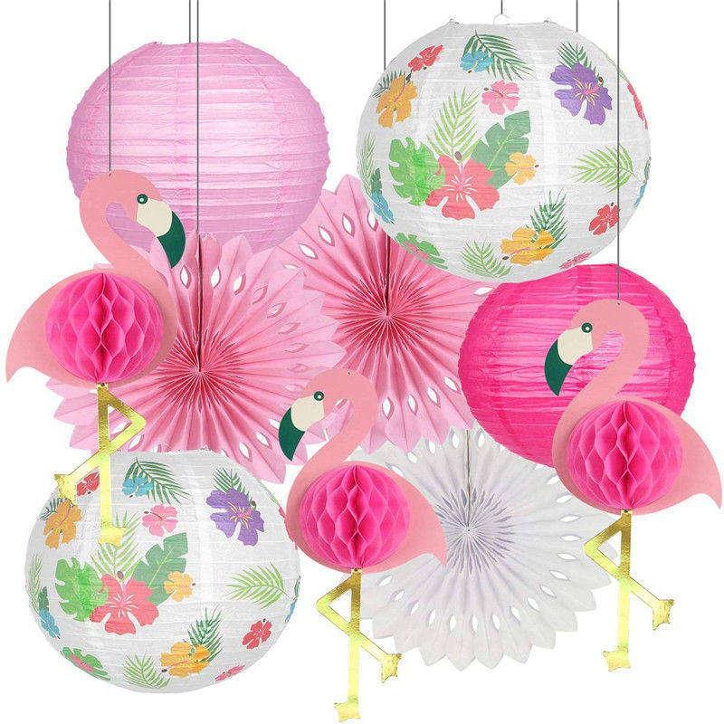 10pcs Flamingo Party Supplies Hawaiian Party Decorations Flamingo Paper Lanterns Paper Fans for Birthday Luau Tropical Bachelorette Party