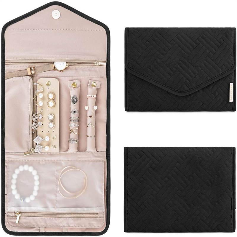 Travel Jewelry Organizer Roll Foldable Jewelry Case for Rings Necklaces - Black