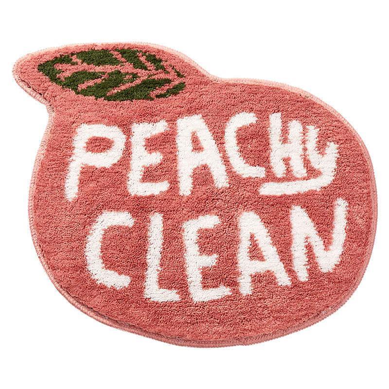 Bath Rug Coral Pink Peach Shape with White Words Cartoon Plush Water Absorbent Bathroom Decor Non Slip Washable Rug