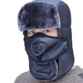 Winter Hats for Men Windproof Warm Hat with Ear Flaps for Skiing And Outdoor Riding-Leather Navy