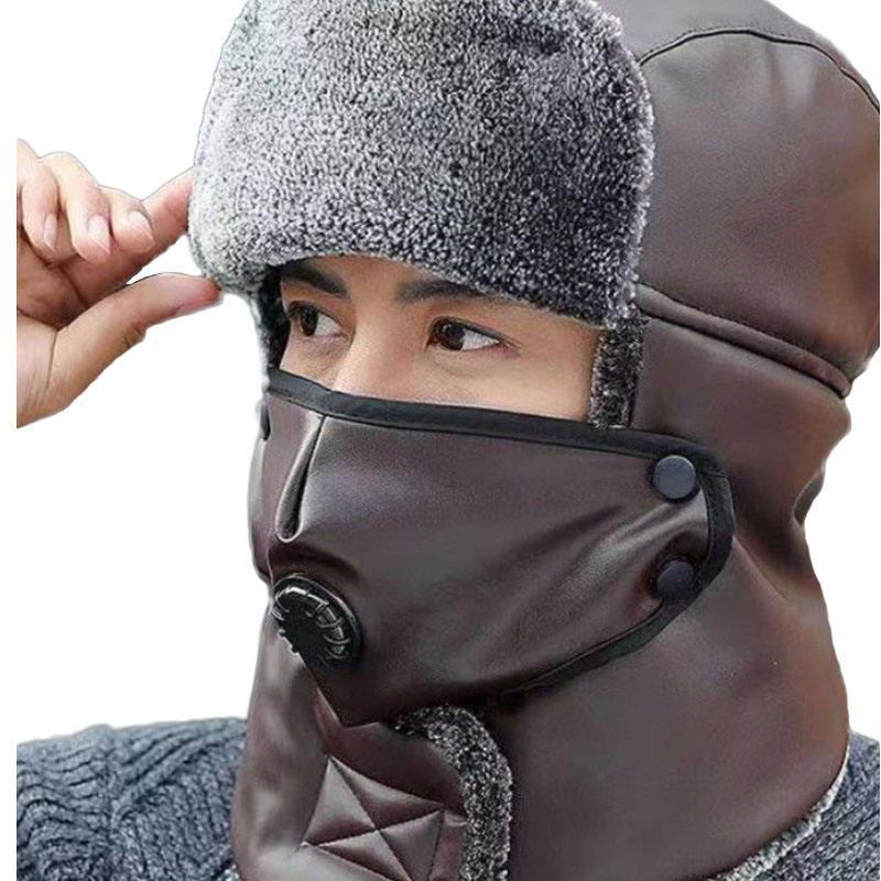 Winter Hats for Men Windproof Warm Hat with Ear Flaps for Skiing And Outdoor Riding-Leather Coffee