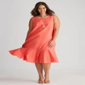 AUTOGRAPH - Plus Size - Womens Midi Dress - Pink - Summer Linen Shift Dresses - Bright Coral - Sleeveless - Relaxed Fit - Women's Clothing