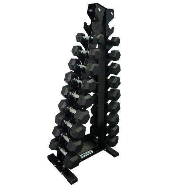 Package 3kg - 15kg Rubber Hex Dumbbells with Vertical Weights Storage Rack Tree