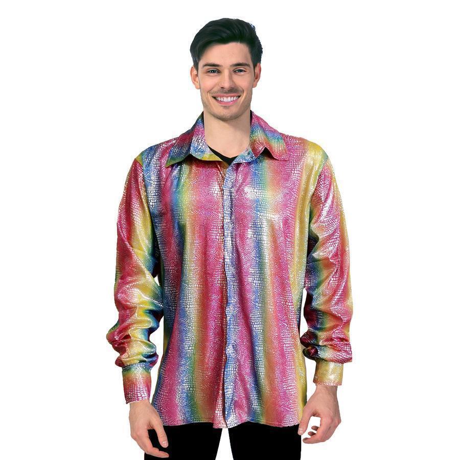 Mens 70s Deluxe Disco Shirt Costume Dance Groovy Dancer Long Sleeve - Rainbow