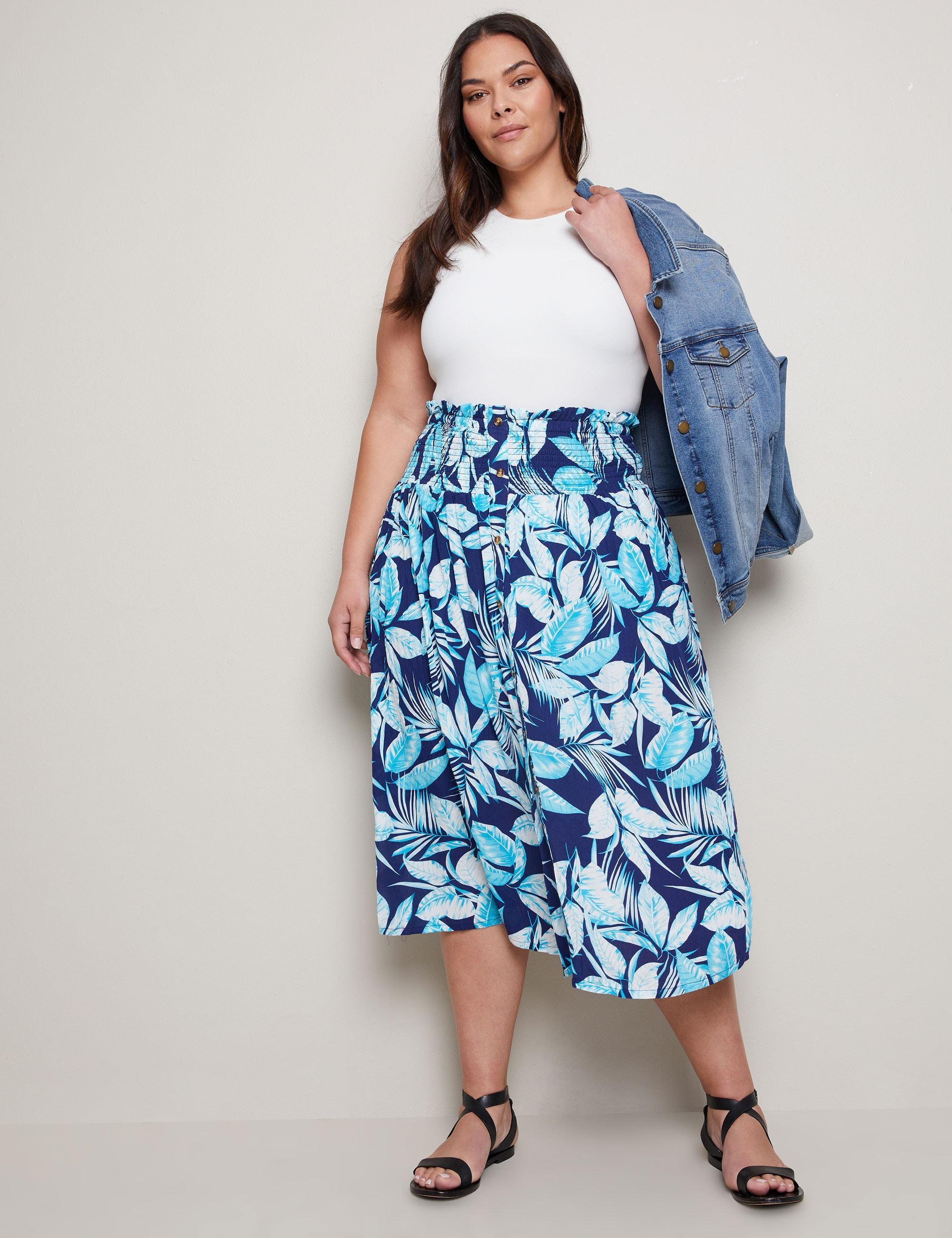AUTOGRAPH - Plus Size - Womens Skirts - Midi - Summer - Blue - Floral - A Line - Relaxed Fit - Woven - Smocked Waist - Knee Length - Work Fashion