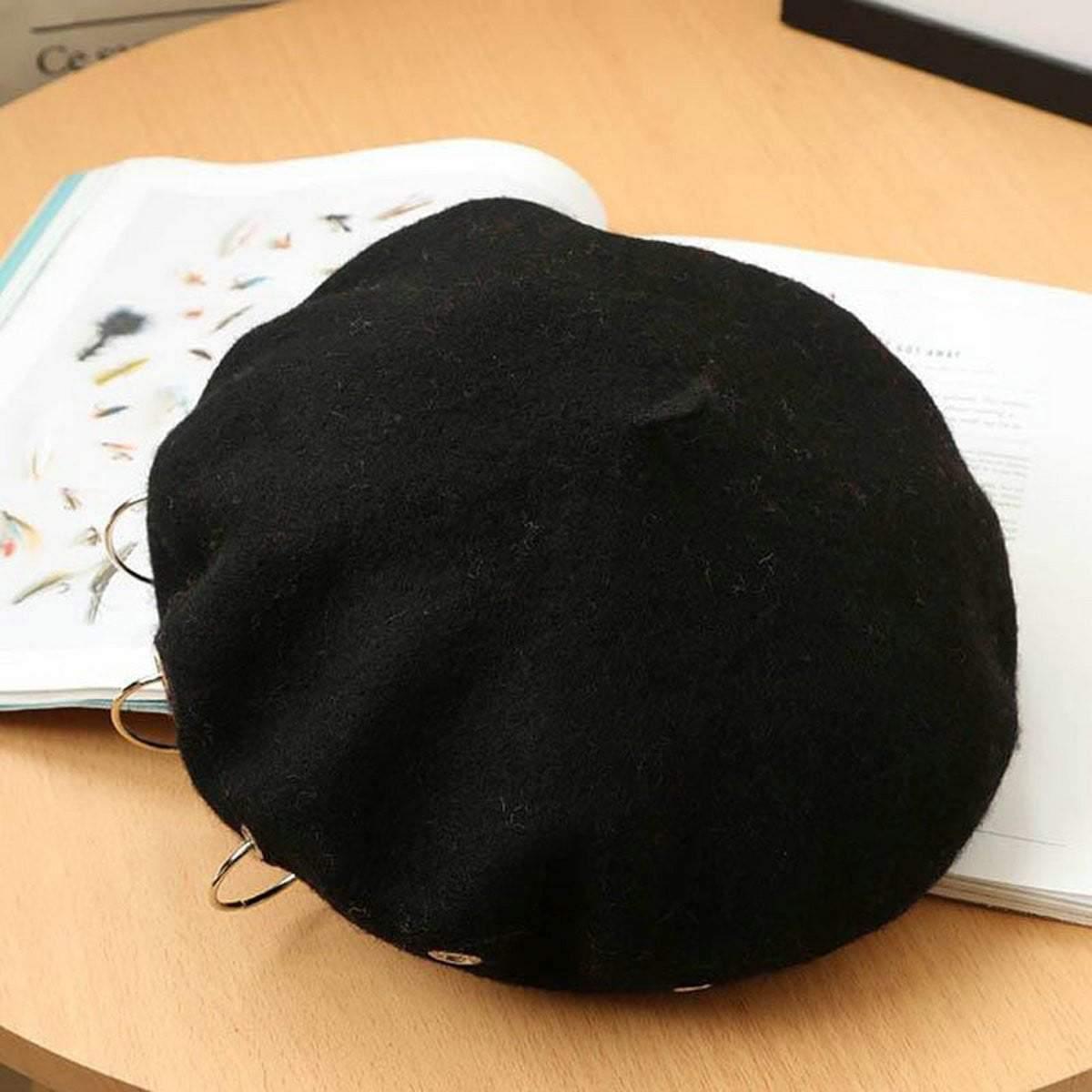 Unisex Beanie Lady Wool French Beret Hat Cap Winter Warm Iron Ring Design Rock