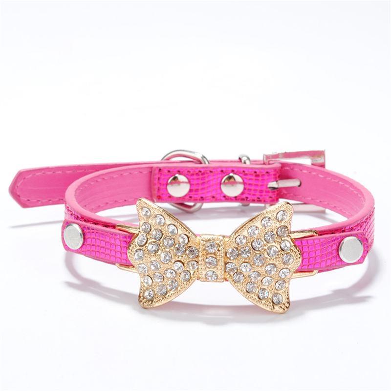 Bling Rhinestone Bow Leather Fashion Collar for Small Dogs Cat -RoseRed, XS