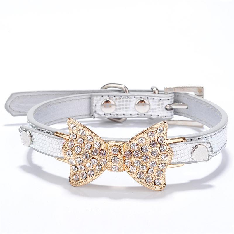 Bling Rhinestone Bow Leather Fashion Collar for Small Dogs Cat -Silver, XS
