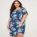 AUTOGRAPH - Plus Size - Womens Midi Dress - Green - Summer Floral Shift Dresses - Graphic Tropical - Short Sleeve - Floral Print - Relaxed Fit