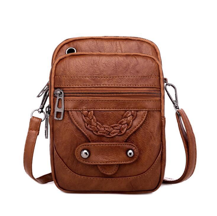 Bag women messenger new texture shoulder bag mobile phone bag soft PU leather western style mature fashion retro small bag (brown)