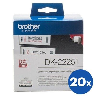 20 x Brother DK-22251 DK22251 Original Black & Red Text on White Continuous Label Roll 62mm x 15.24m