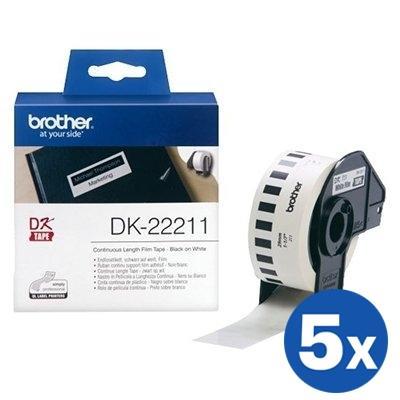 5 x Brother DK-22211 DK22211 Original Black Text on White Continuous Film Label Roll 29mm x 15.24m