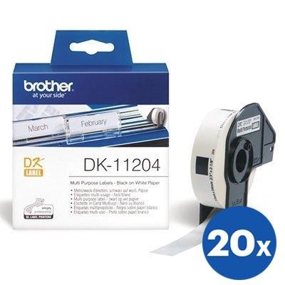 20 x Brother DK-11204 DK11204 Original Black Text on White Die-Cut Paper Label Roll 17mm x 54mm - 400 labels per roll