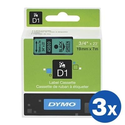 3 x Dymo SD45809 / S0720890 Original 19mm Black Text on Green Label Cassette - 7 meters