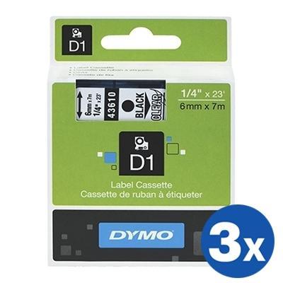 3 x Dymo SD43610 / S0720770 Original 6mm Black Text on Clear Label Cassette - 7 meters